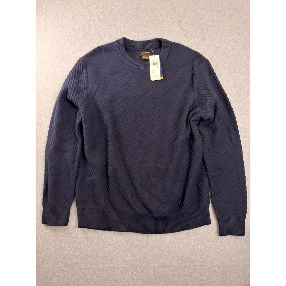 Haggar Mens Navy Blue Diagonal Ribbed Crew Neck Sweater Cotton Blend Large